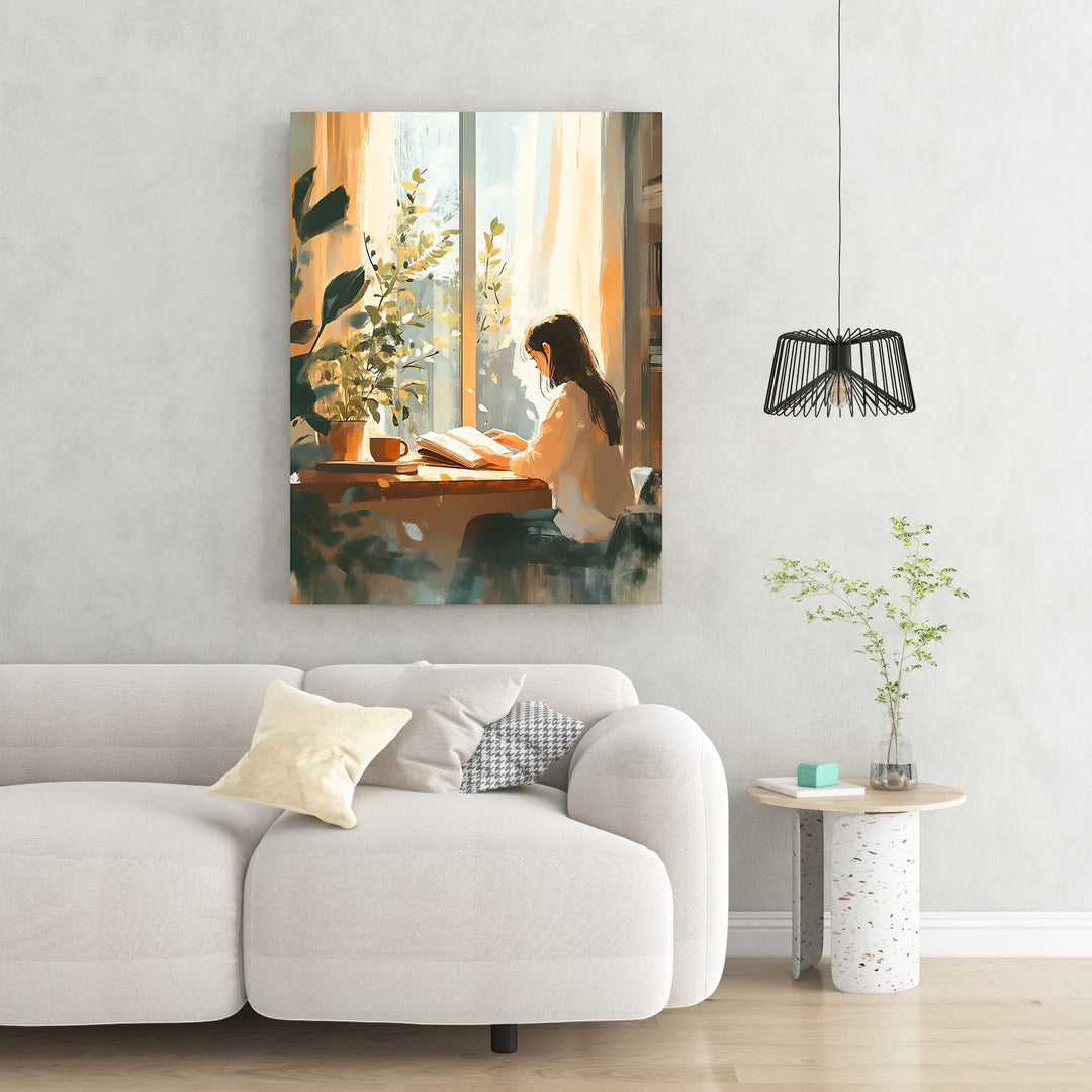 Wadi Home art print of a woman reading by a sunlit window, with plants and a coffee cup on the table.