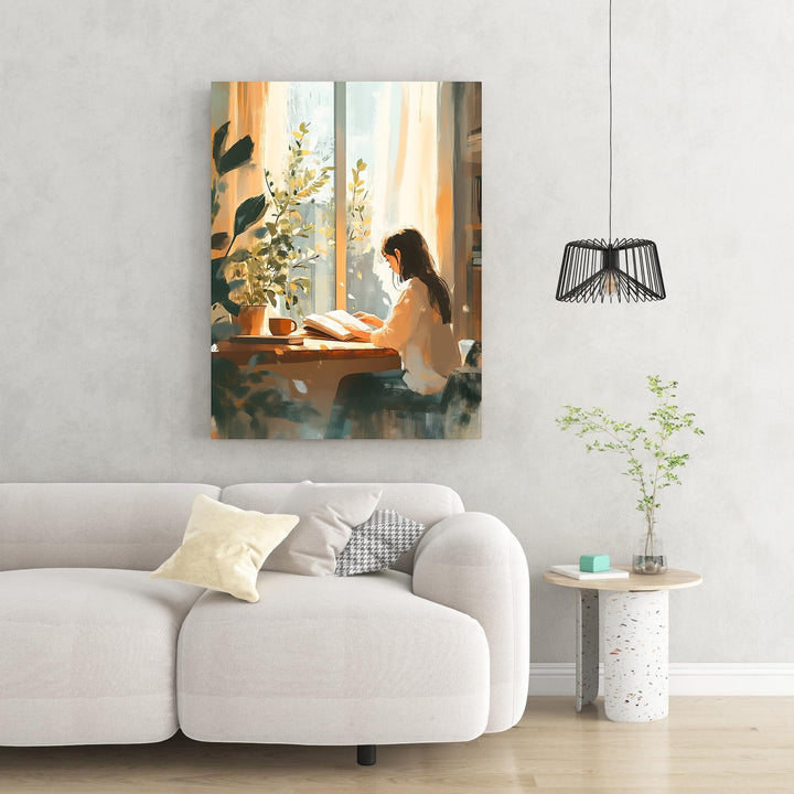 Wadi Home art print of a woman reading by a sunlit window, with plants and a coffee cup on the table.