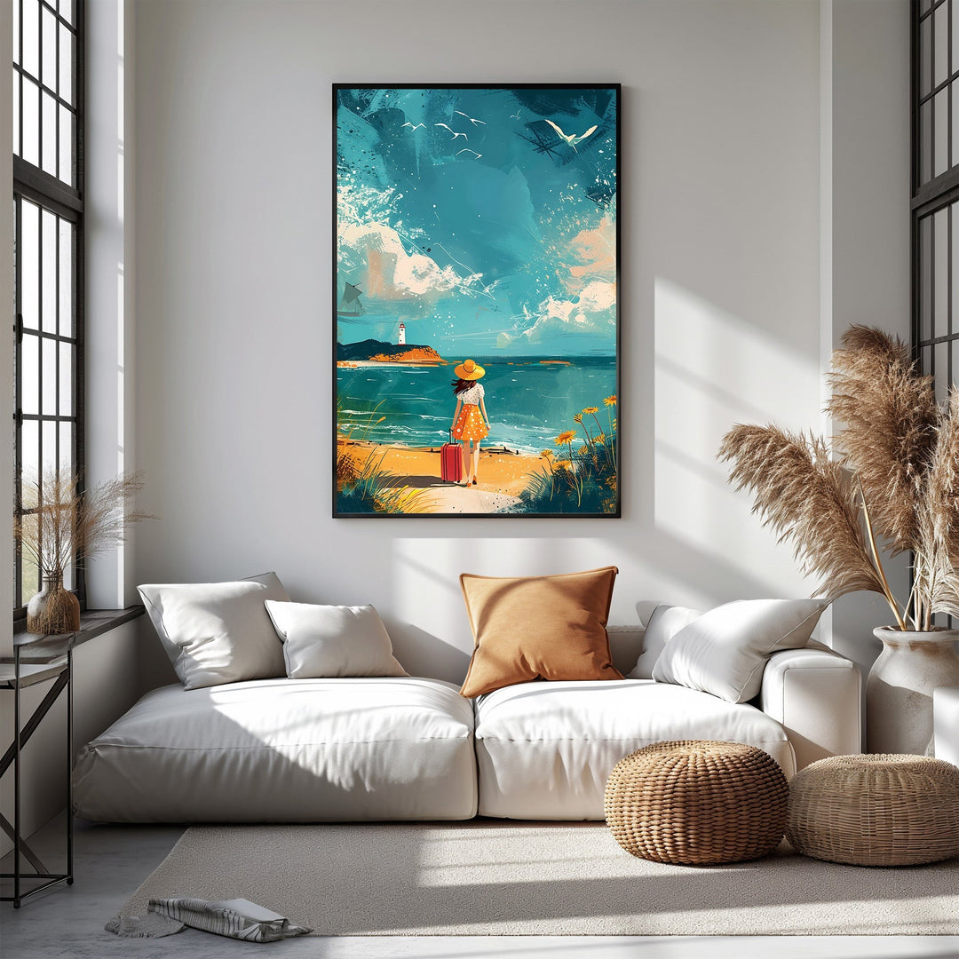 Wadi Home wall art of a woman with a red suitcase on a beach, looking at a lighthouse and the ocean.