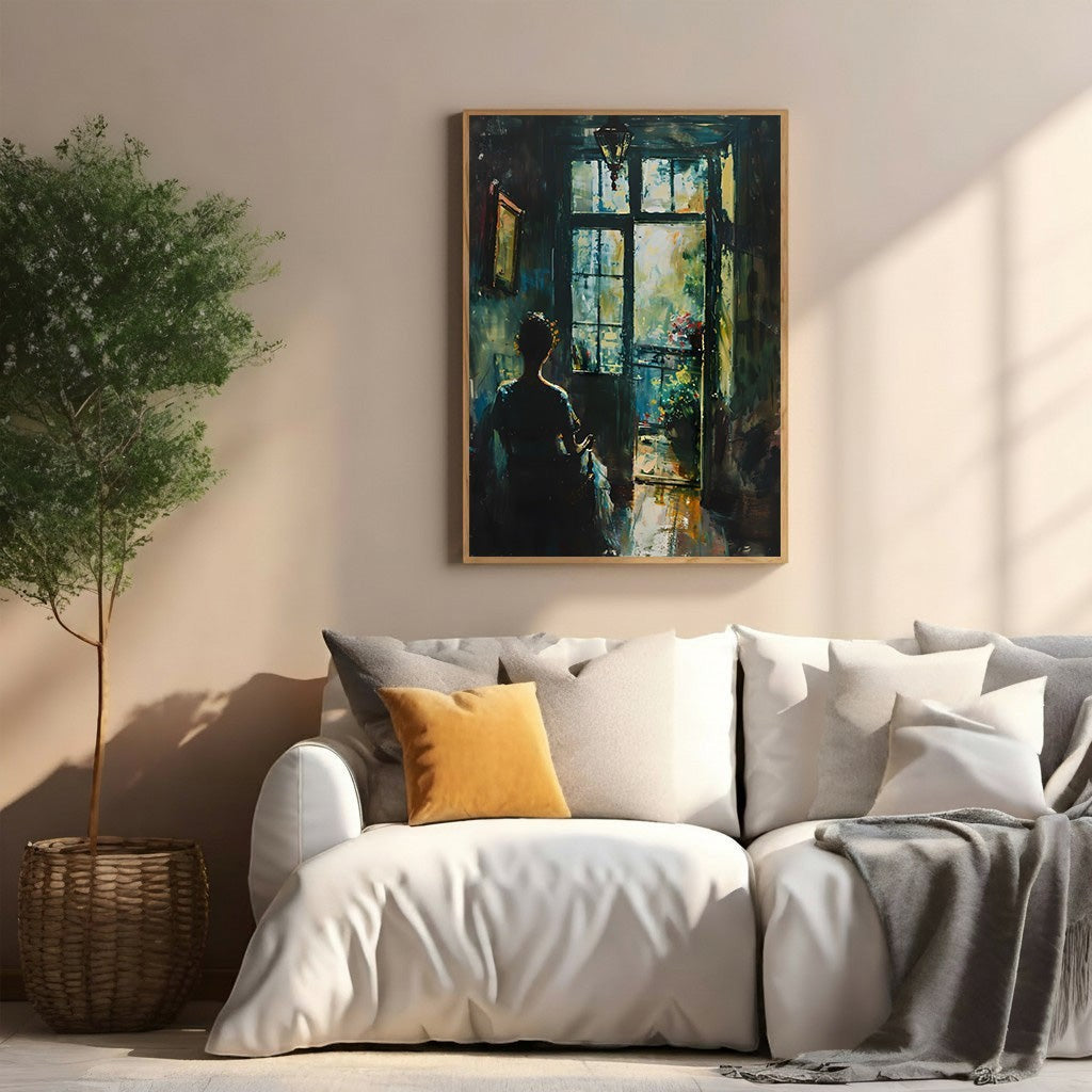 Wadi Home framed wall art depicting a woman looking out a window with dramatic lighting, painterly style.