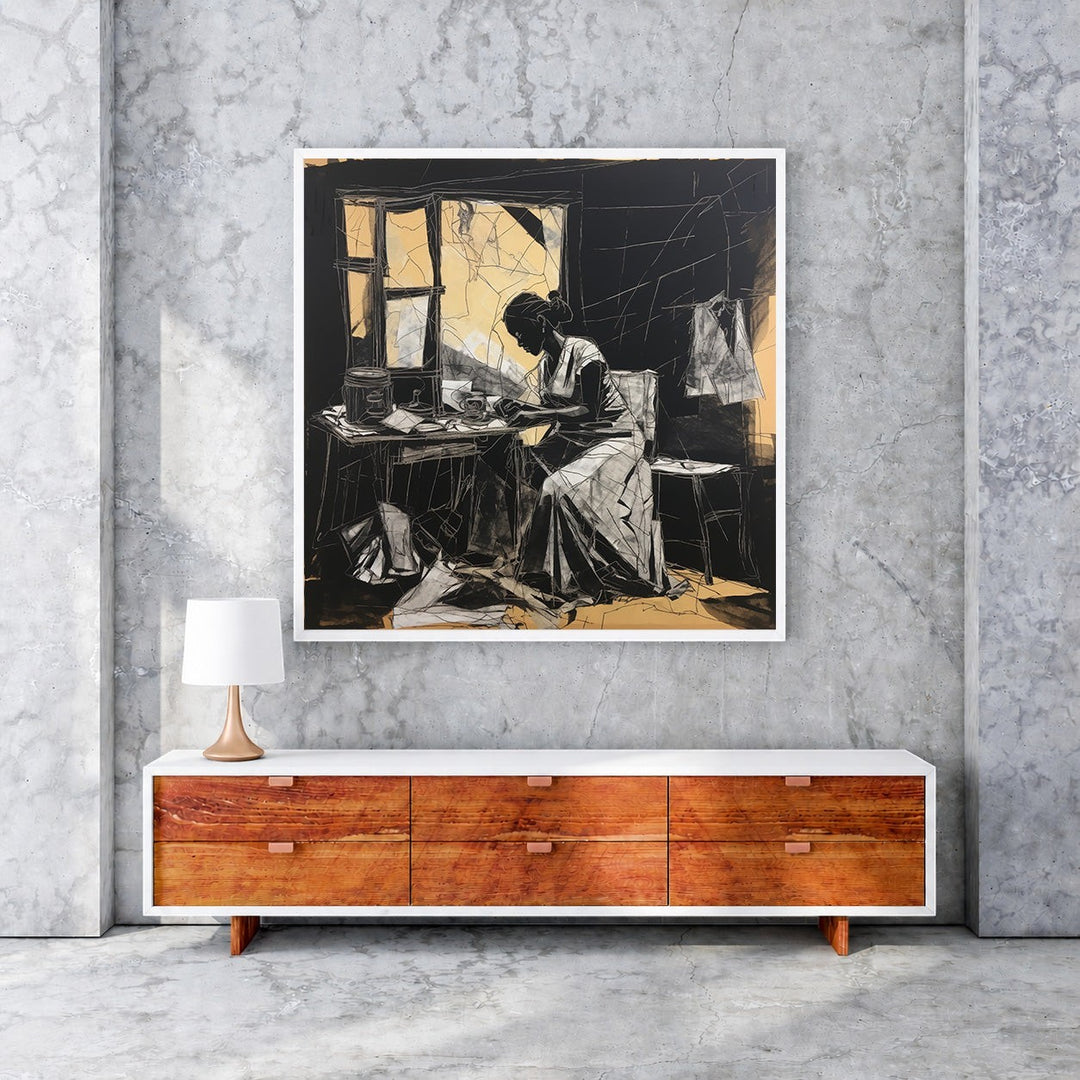 Wadi Home framed black and white sketch art of a woman working at a table with golden accents.