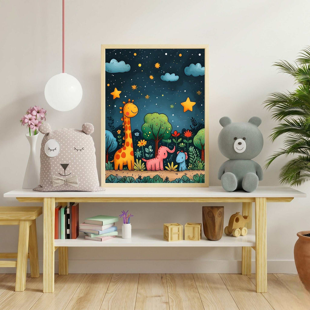 Wadi Home framed nursery art with watercolor woodland animals: giraffe, elephant, piglet under a starry night sky.