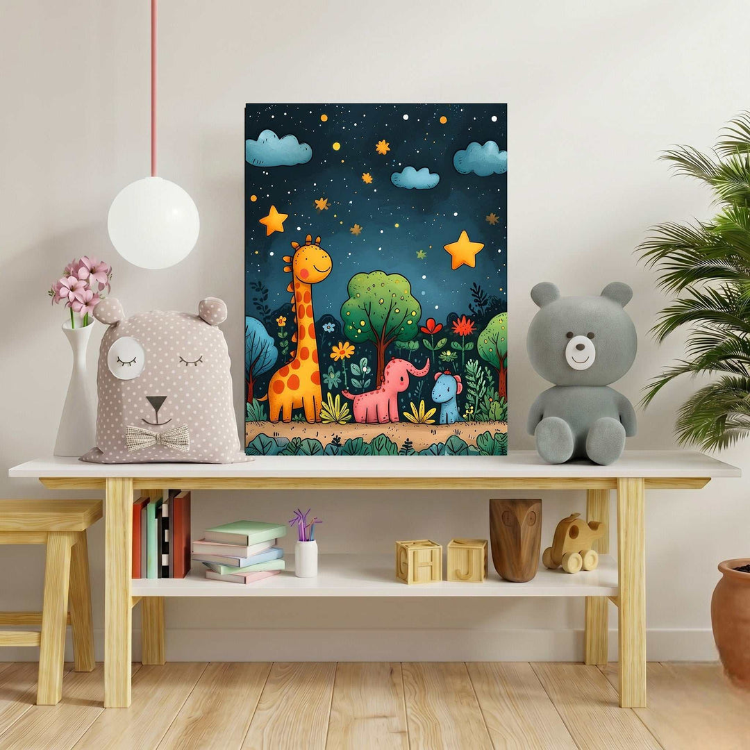 Wadi Home whimsical woodland animals night sky nursery art featuring a giraffe, elephant, and piglet under a starry sky. Watercolor style.