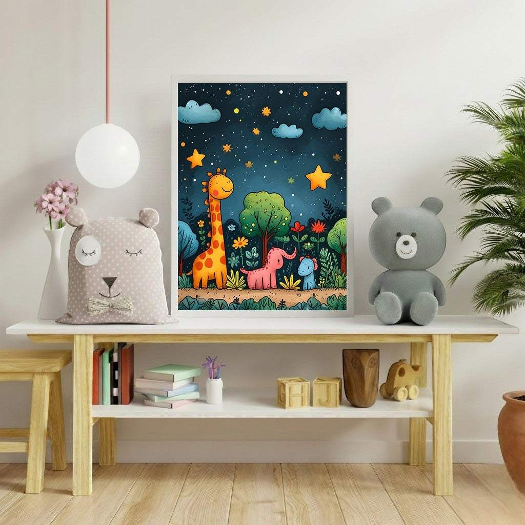 Wadi Home framed nursery art print of a whimsical night scene with a giraffe, elephant, and piglet under a starry sky.