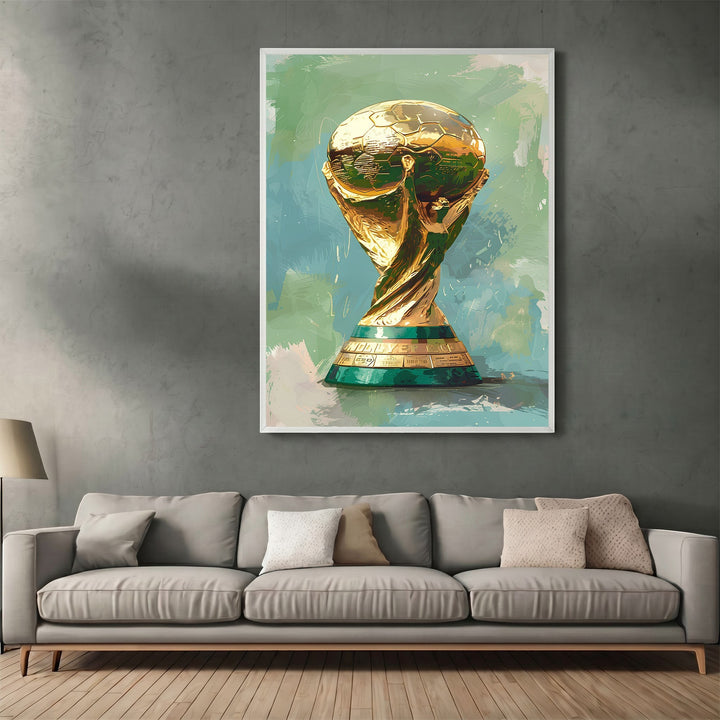 Wadi Home painterly style World Cup trophy wall art print with gold trophy on a textured teal and green background.