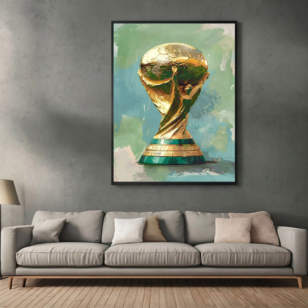 Wadi Home World Cup trophy wall art print featuring a golden football trophy on a teal and green painterly background.