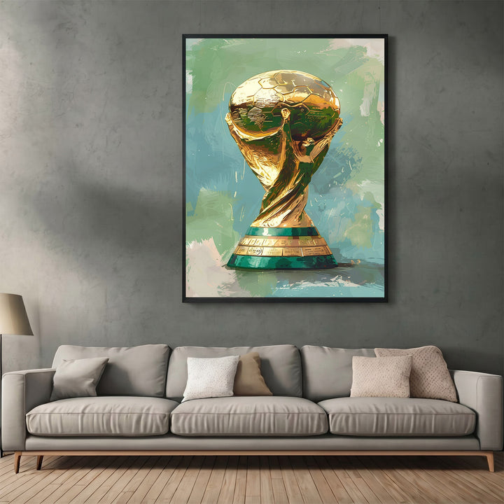 Wadi Home World Cup trophy wall art print featuring a golden football trophy on a teal and green painterly background.