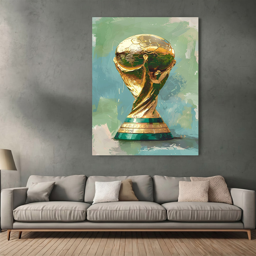 Wadi Home painterly gold World Cup trophy wall art print on a grey living room wall above a modern sofa.