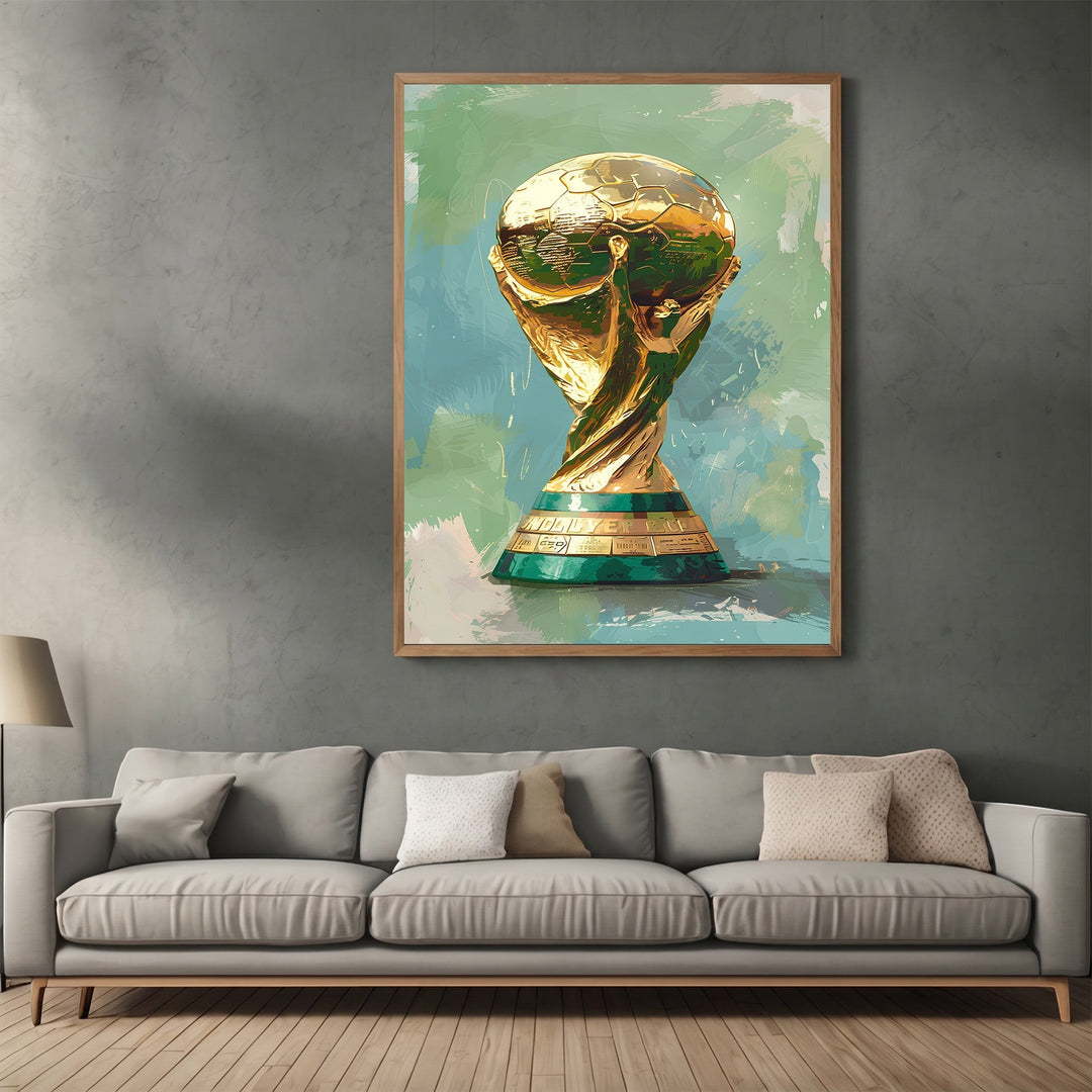 Wadi Home World Cup trophy wall art print with gold trophy on teal and green painterly background in wooden frame