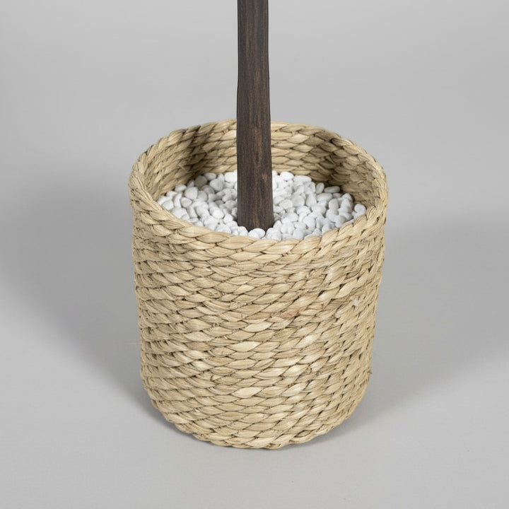 Wadi Home artificial eucalyptus tree base featuring a textured woven basket filled with decorative white stones.