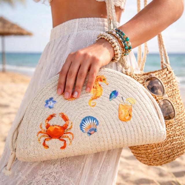 Wadi Home beige woven half moon clutch bag featuring colorful crab, seahorse, and seashell prints on a beach.