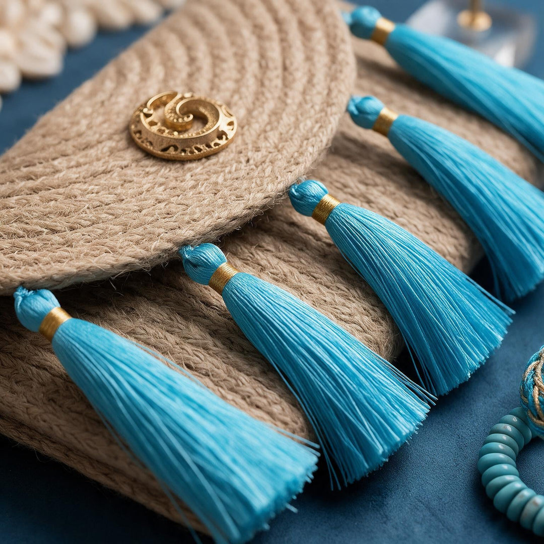 Wadi Home woven jute clutch handbag featuring bright turquoise tassels and a decorative gold-tone metal accent.