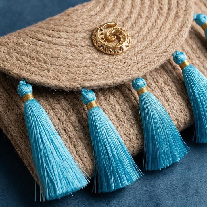 Wadi Home woven jute clutch handbag featuring turquoise tassels and a decorative gold-tone spiral metal accent