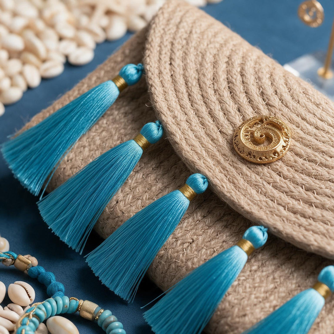 Wadi Home woven jute clutch handbag featuring turquoise tassels and a gold-tone metal button on a blue background.