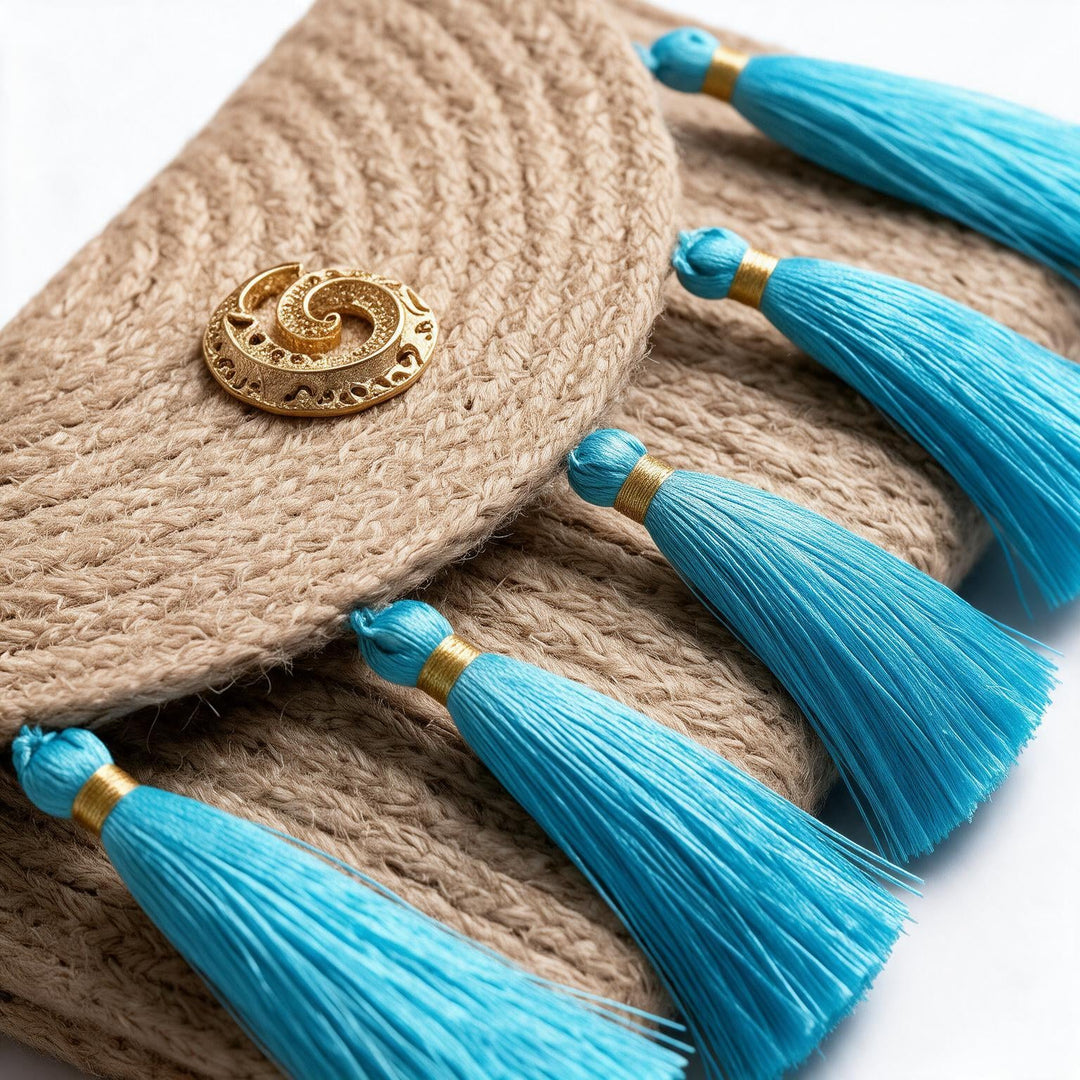Wadi Home woven jute clutch handbag featuring turquoise tassels and a decorative gold-tone spiral metal accent.