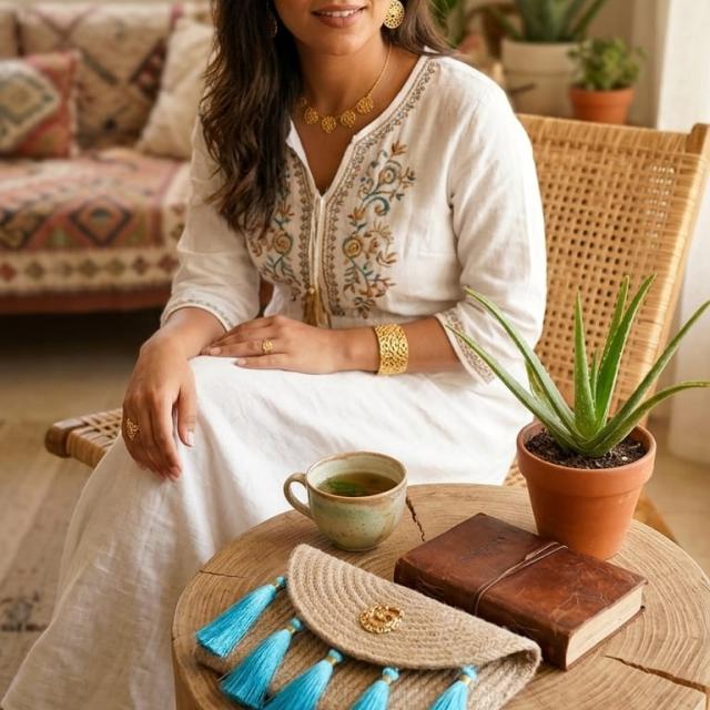 Wadi Home woven jute clutch with turquoise tassels and gold accents, displayed on a wooden table in a boho setting.