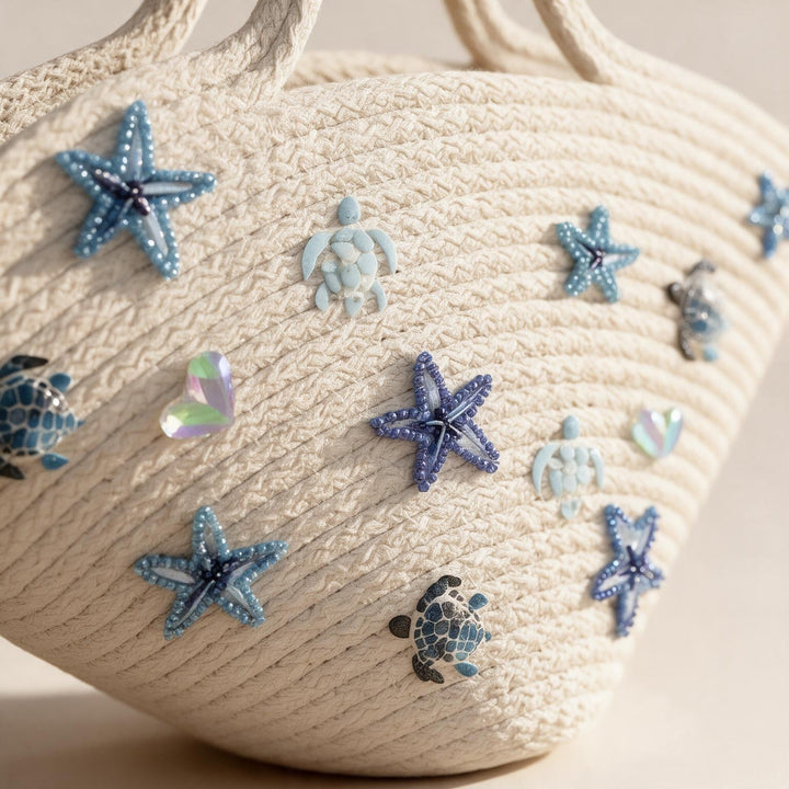 Wadi Home off-white woven rope beach tote with blue beaded starfish and sea turtle embellishments