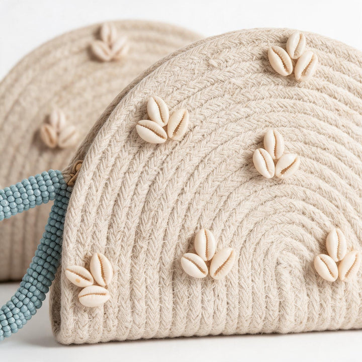 Wadi Home handwoven beige rope half moon clutch bag decorated with cowrie shells and a blue beaded handle.