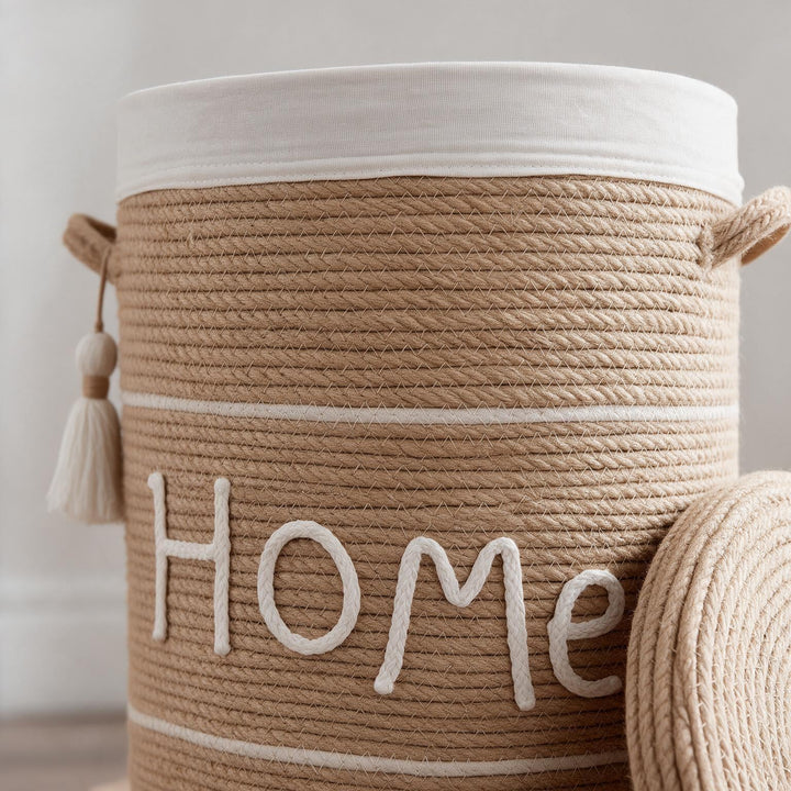 Wadi Home woven rope laundry hamper with lid, featuring a beige textured finish and white Home lettering detail.