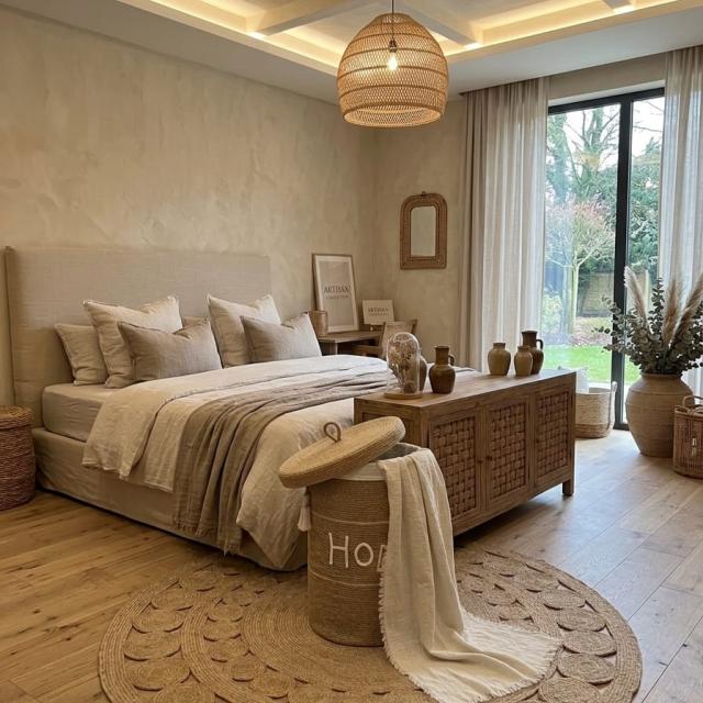 Wadi Home woven rope laundry hamper with lid in a neutral bedroom setting with a beige rug and wooden furniture.