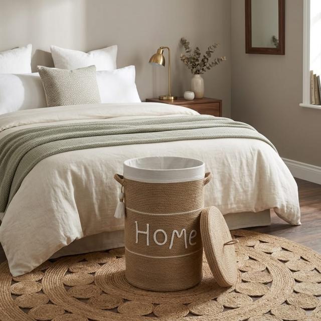 Wadi Home woven rope laundry hamper with lid and Home embroidery, placed in a neutral-toned bedroom setting.
