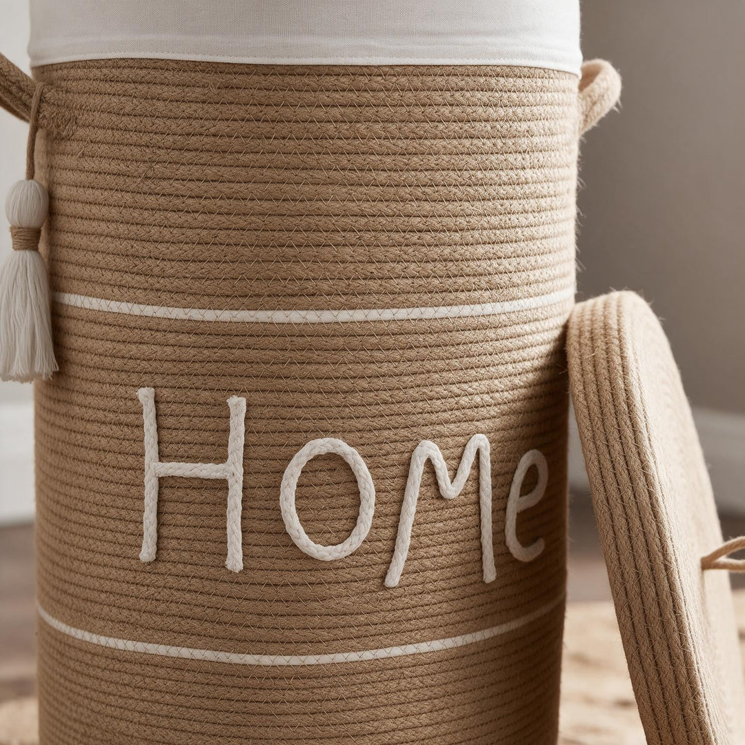 Wadi Home woven rope laundry hamper in beige with white Home lettering, lid, and side handles for storage.