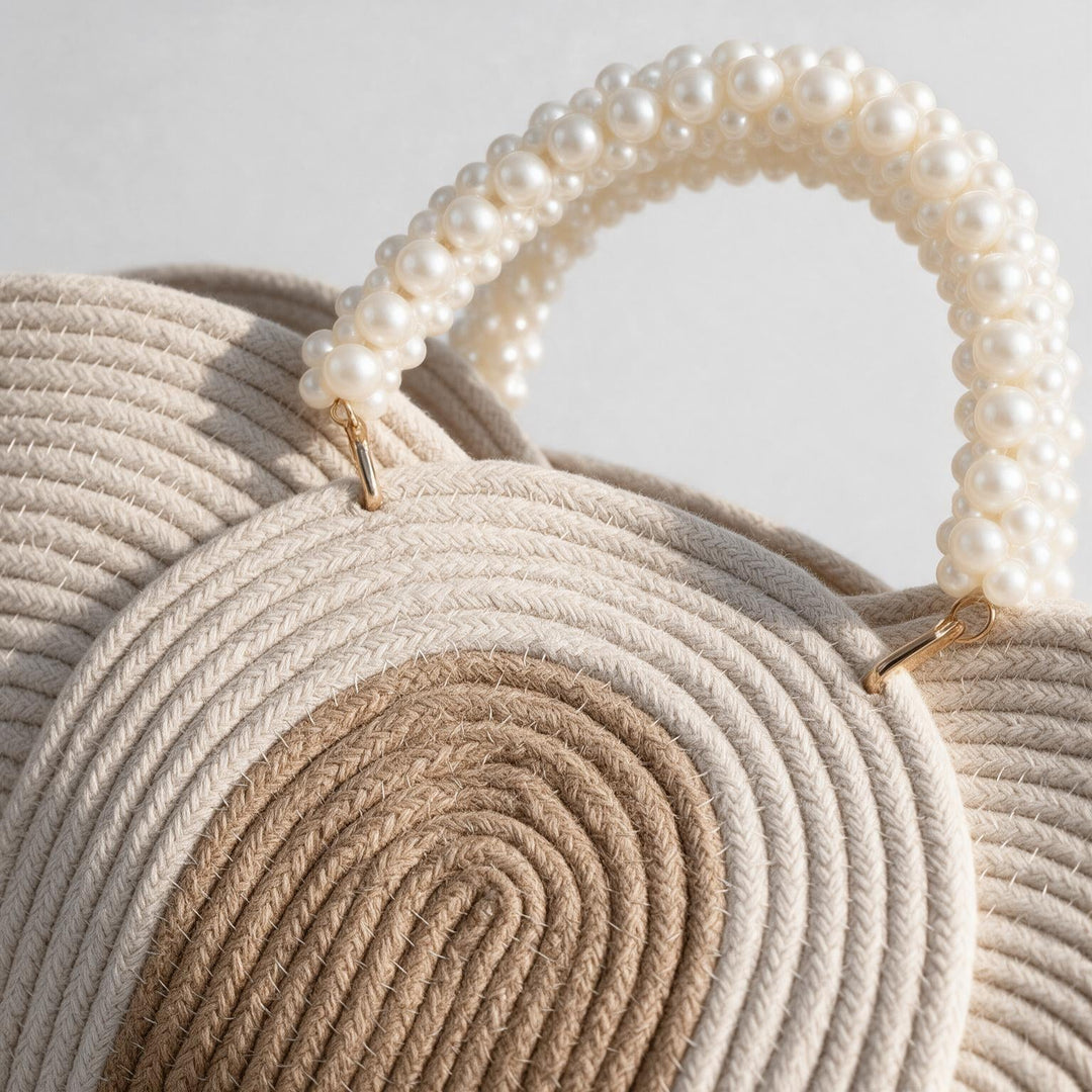 Wadi Home beige braided rope handbag featuring a decorative pearl-beaded handle for a chic summer style.