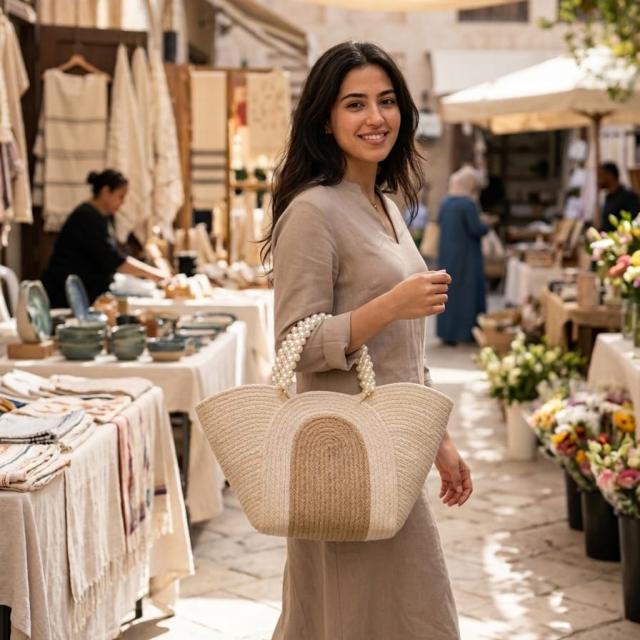 Wadi Home beige woven rope handbag with a pearl-beaded handle held by a woman in a market setting.