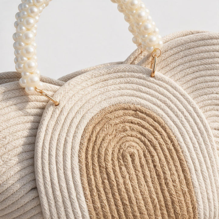 Wadi Home beige woven rope handbag featuring a decorative pearl-beaded handle and two-tone braided texture.