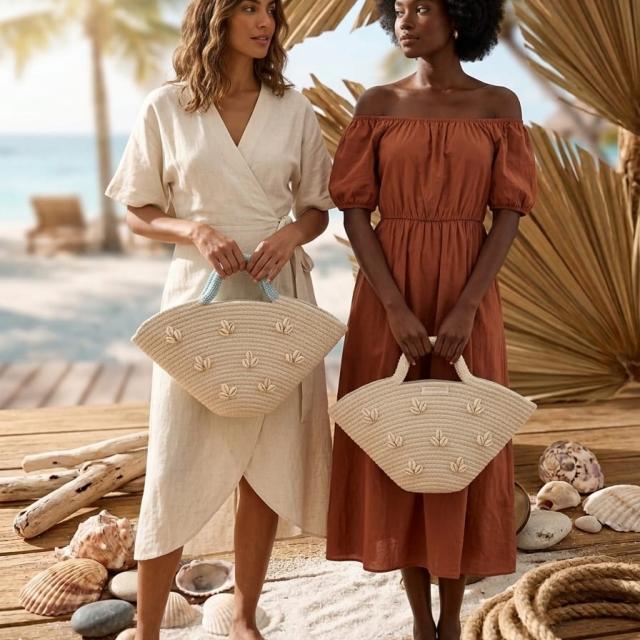 Wadi Home beige woven shell embellished semi-circular beach handbag held by two women on a tropical wooden deck.
