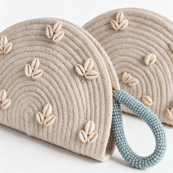 Wadi Home handwoven beige rope half moon clutch bag decorated with cowrie shells and a blue beaded handle