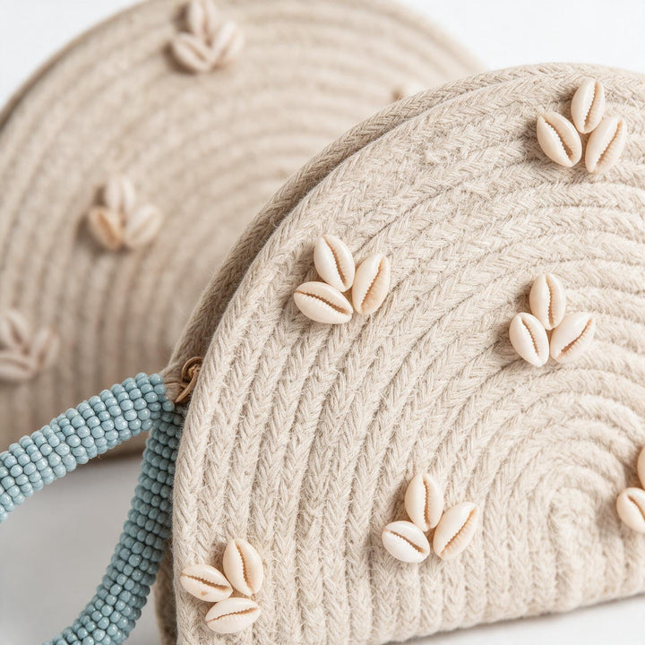 Wadi Home handwoven beige rope half moon clutch bag decorated with cowrie shells and a blue beaded handle