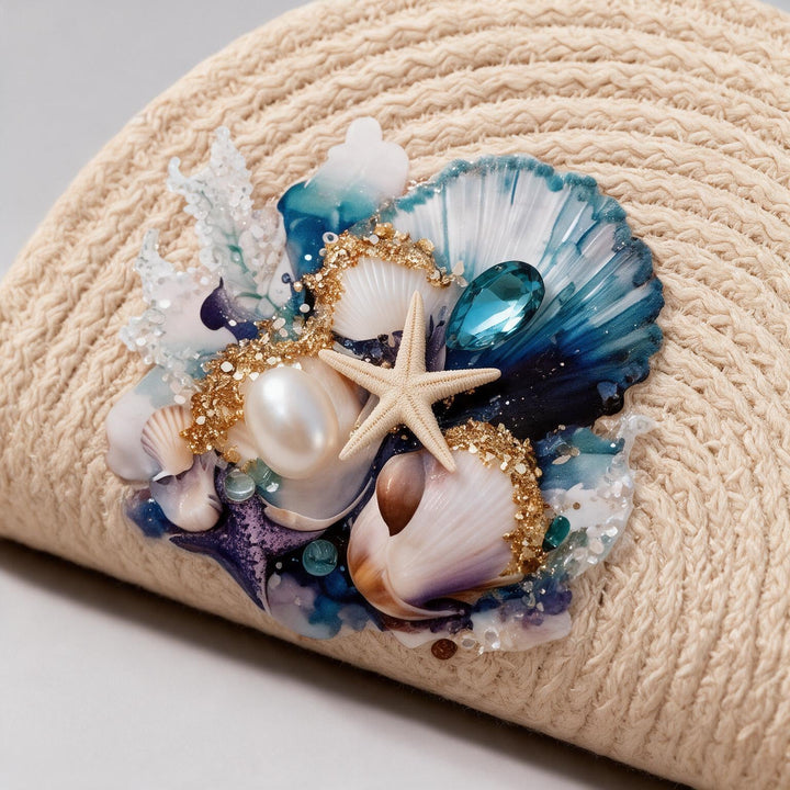 Wadi Home beige woven straw beach clutch featuring seashells, a starfish, pearls, and blue ocean-inspired accents.