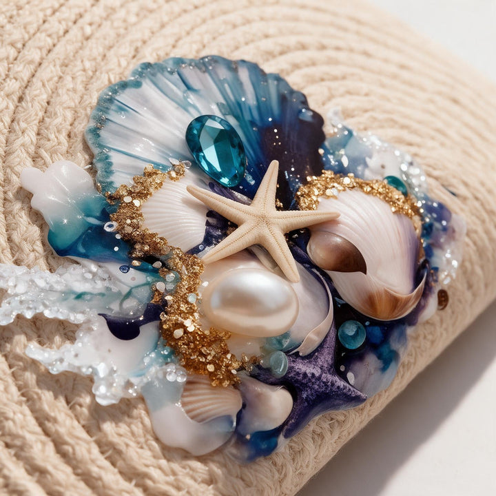 Wadi Home beige woven straw beach clutch featuring seashells, starfish, pearls, and blue ocean-inspired accents.