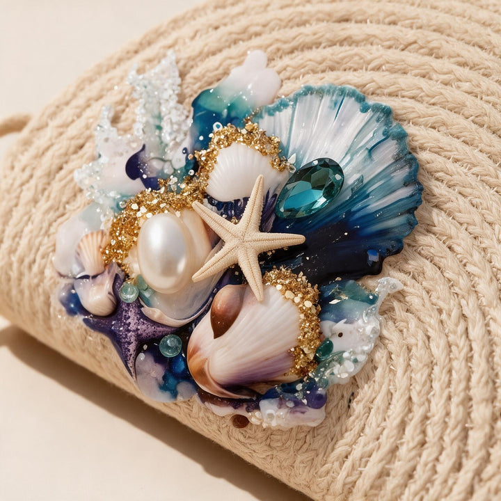 Wadi Home beige woven straw beach clutch featuring seashells, a starfish, pearls, and blue ocean-inspired accents.