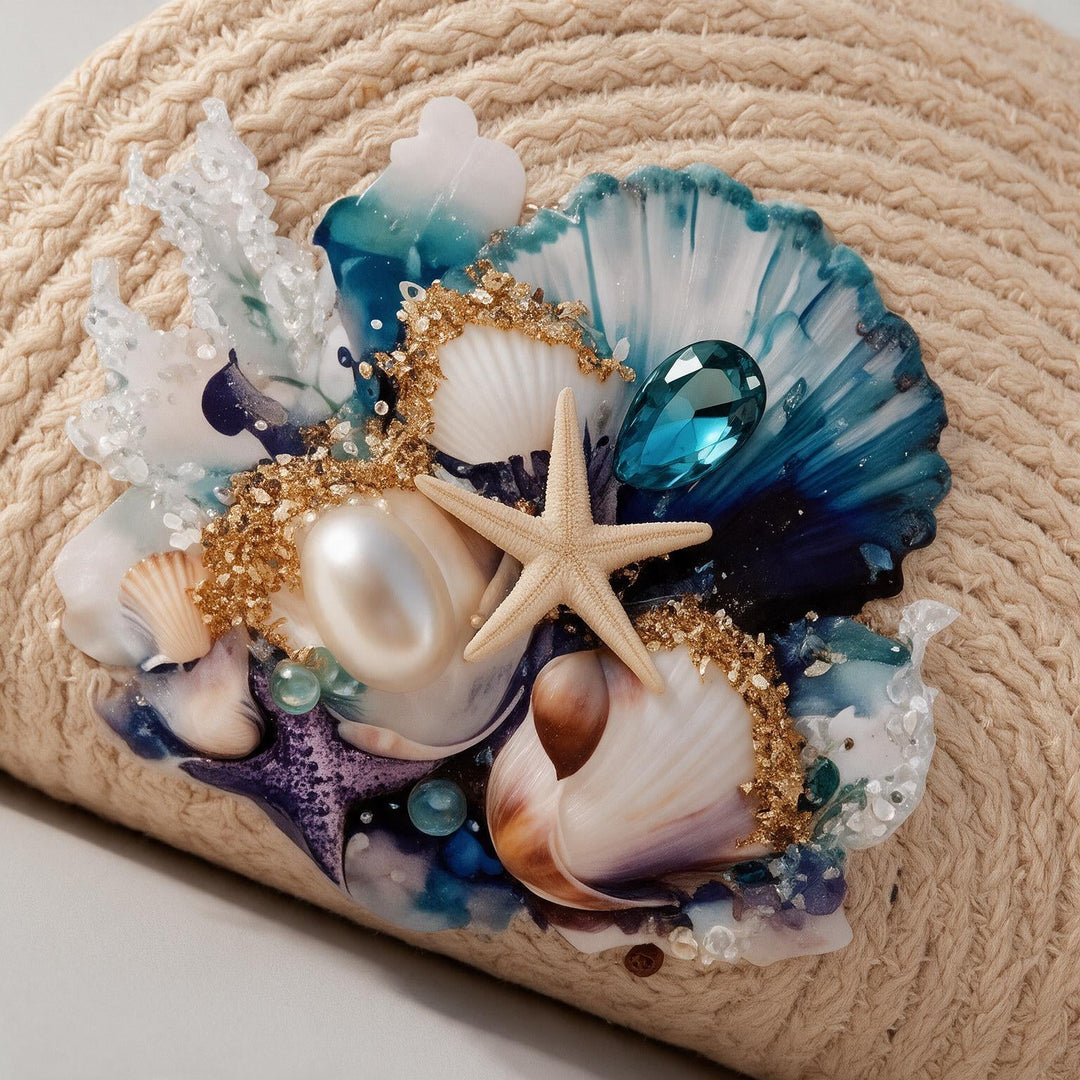 Wadi Home beige woven straw beach clutch featuring seashells, a starfish, pearls, and sparkling blue embellishments.