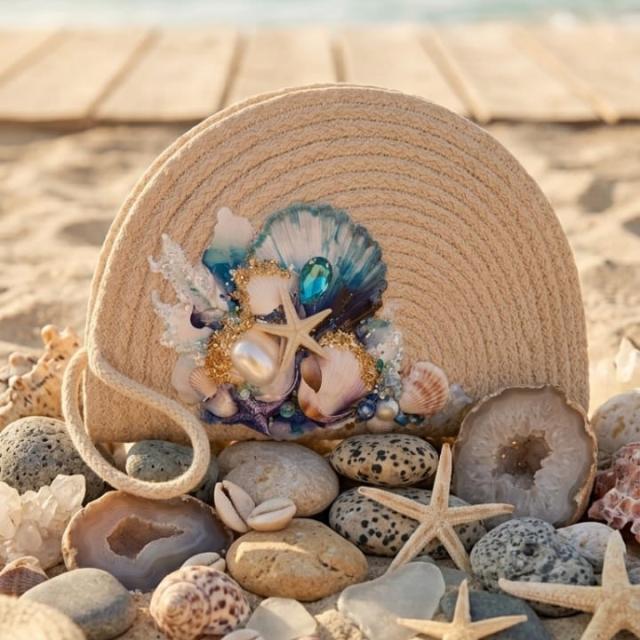 Wadi Home beige woven straw beach clutch decorated with seashells, a starfish, pearls, and blue ocean-themed accents.