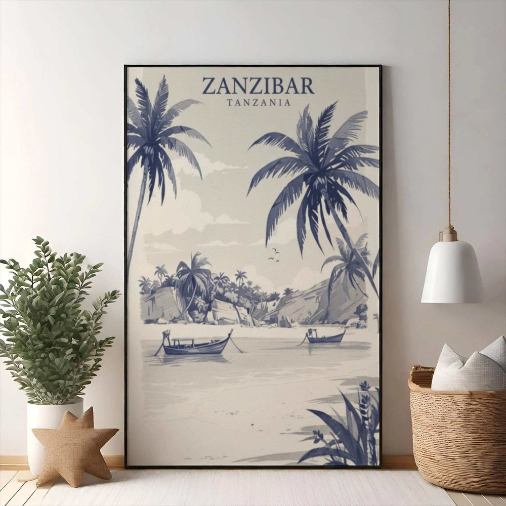 Wadi Home Zanzibar Tanzania tropical beach scene print with palm trees, dhow boats, and calm blue water. Classic blue and cream.