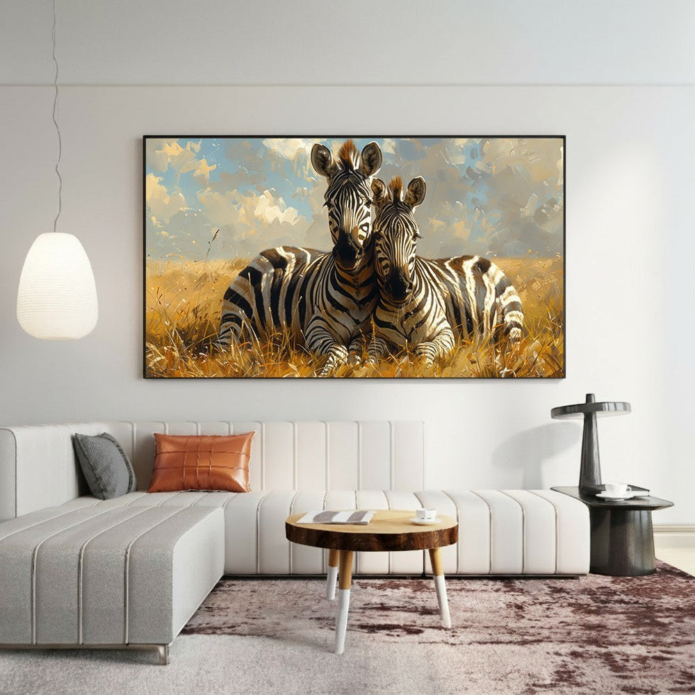 Wadi Home framed canvas print of two zebras resting in a golden field under a cloudy sky. Rich colors and sharp details.