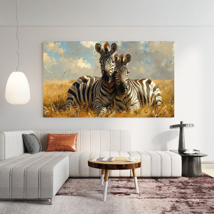Wadi Home framed or canvas print of two zebras resting in a golden field under a cloudy sky. High-quality glossy print with rich colors.