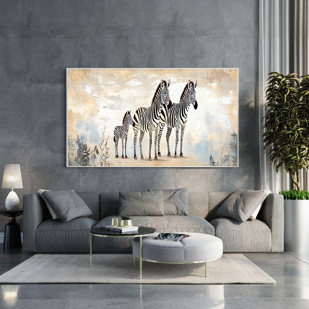 Wadi Home canvas print of three zebras, two adults and a foal, in a savannah landscape with abstract textured background.