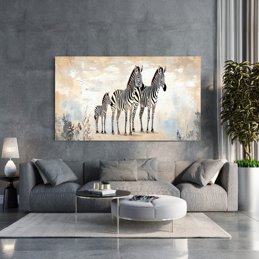 Wadi Home canvas print of three zebras, two adults and a foal, in a savannah landscape with abstract textured background.