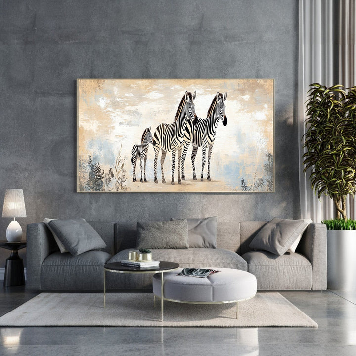 Wadi Home canvas print of three zebras, two adults and a foal, in a savannah landscape with abstract textured background.