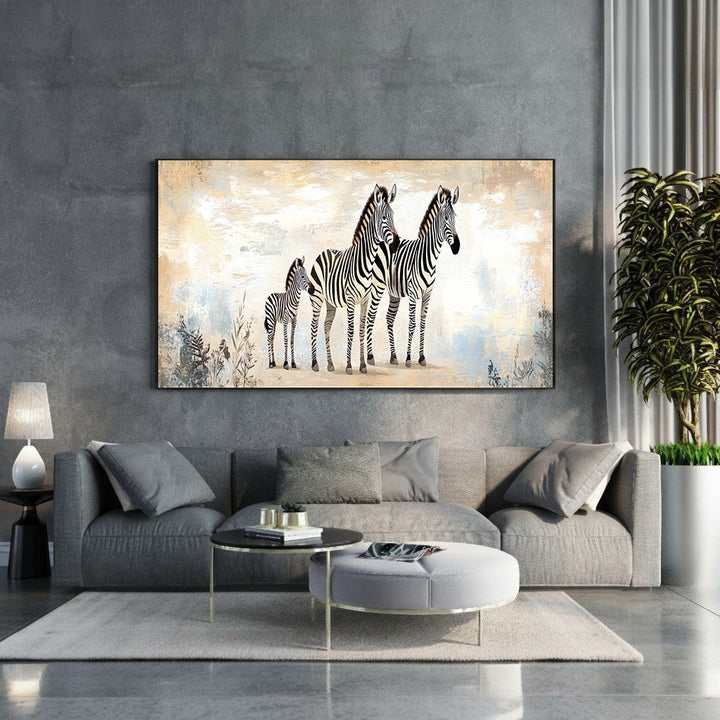 Wadi Home canvas print of three zebras in a savannah landscape with abstract textured background.