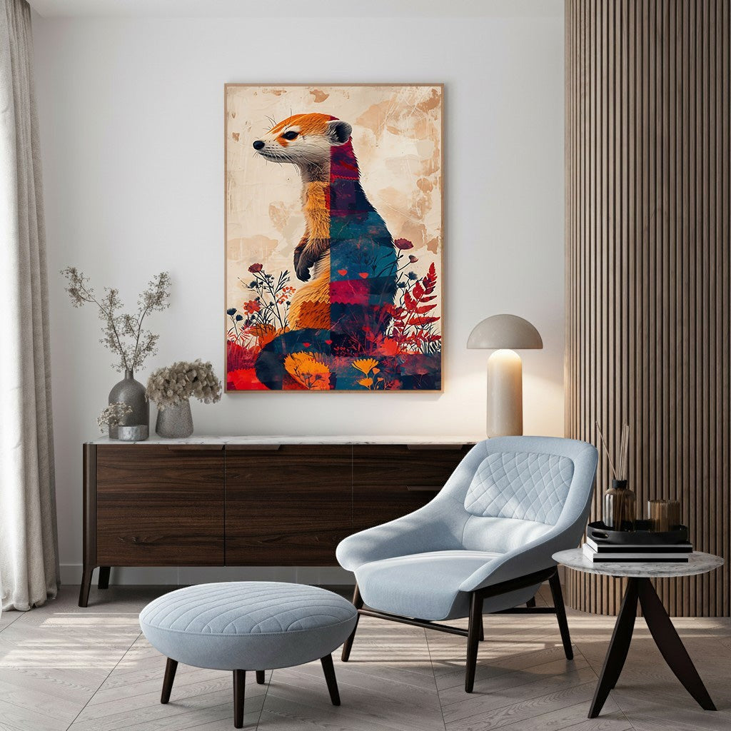 Wadi Home abstract animal portrait wall art, geometric otter with vibrant colors and botanical elements.