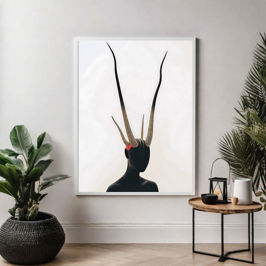 Wadi Home abstract wall art featuring a black silhouette figure with striking, elongated gold and black antlers and a red accent.