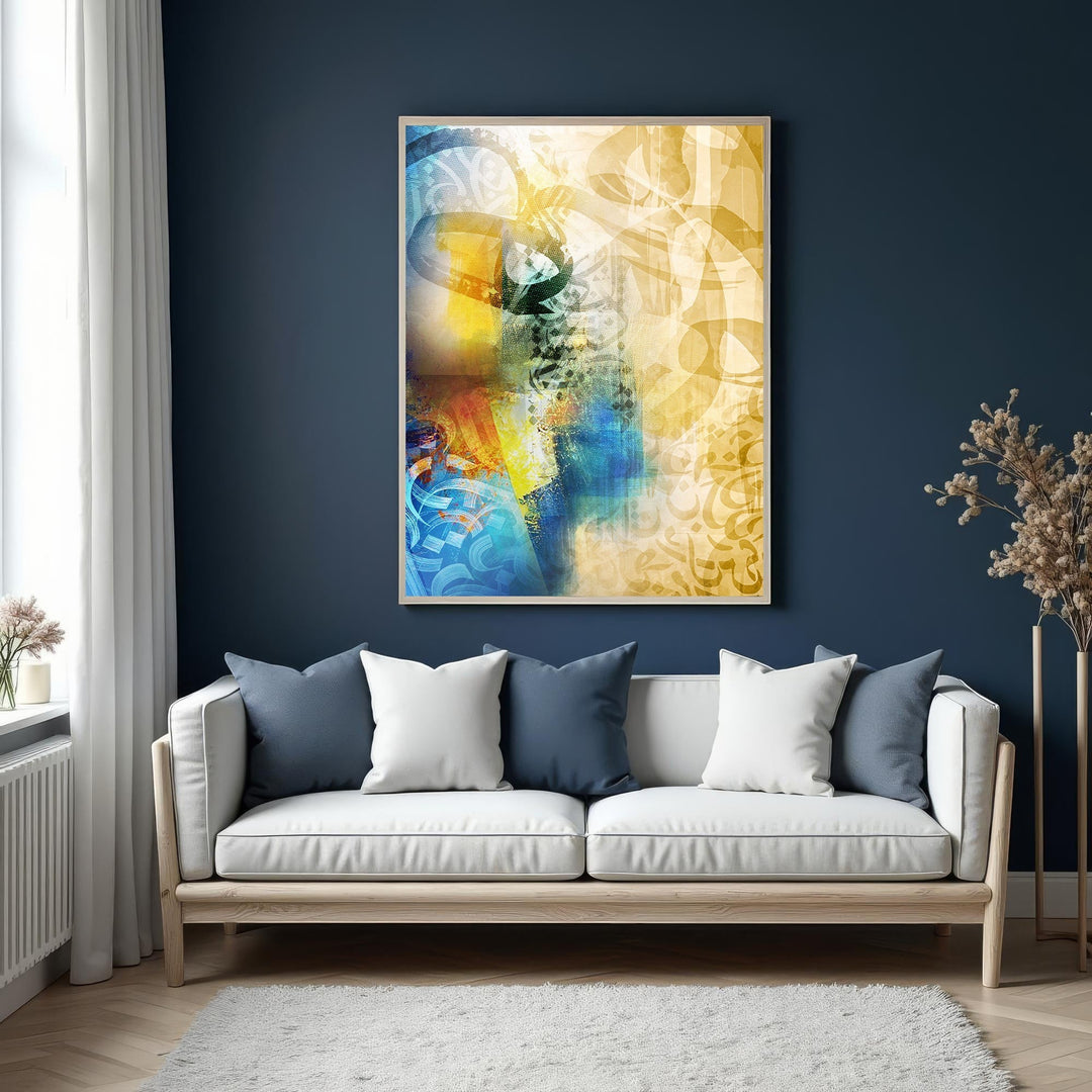 Wadi Home abstract Arabic calligraphy wall art with vibrant blues, yellows, and earthy tones. Modern design with intricate script.