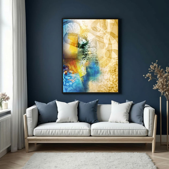 Wadi Home abstract Arabic calligraphy wall art with vibrant blues, yellows, and earthy tones. Modern design with intricate script.
