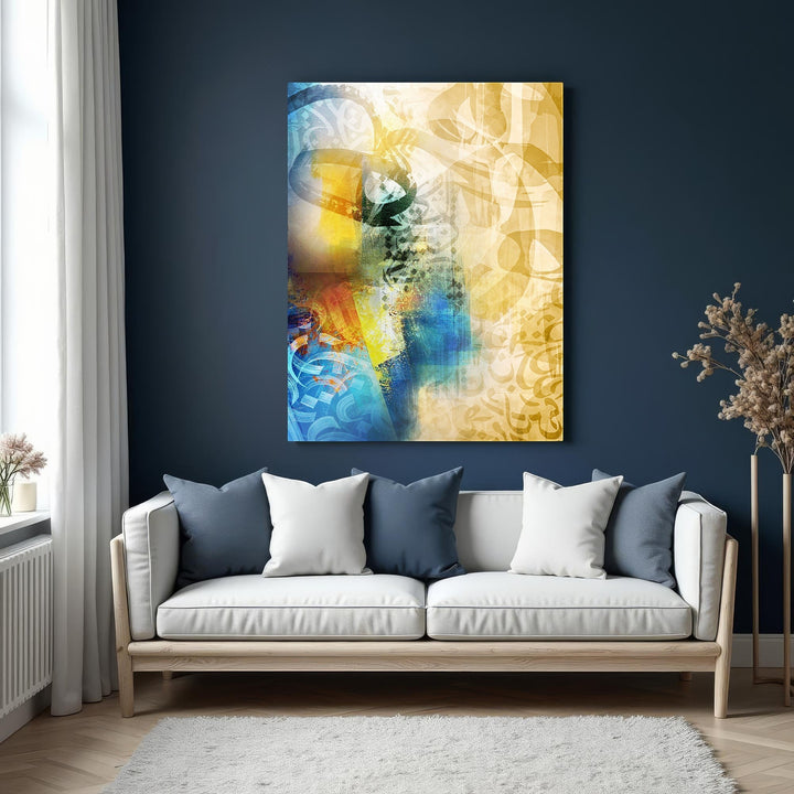 Wadi Home abstract Arabic calligraphy wall art with vibrant blues, yellows, and earthy tones. Modern design.
