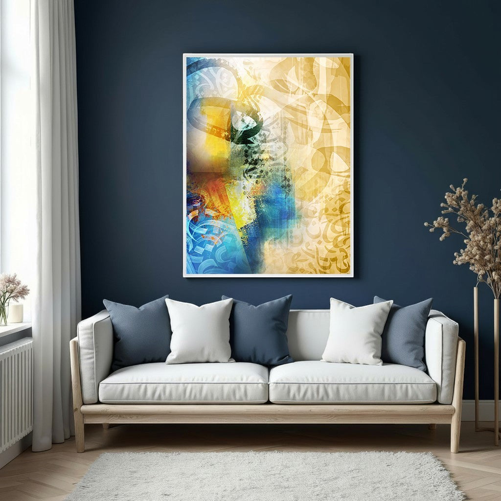 Wadi Home abstract Arabic calligraphy wall art with vibrant blues, yellows, and earthy tones, modern design.